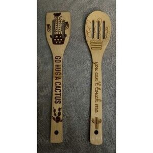 Lot Of 2 Wooden Spoons for Cooking Engraved  With Cactus Humor Funny Cute